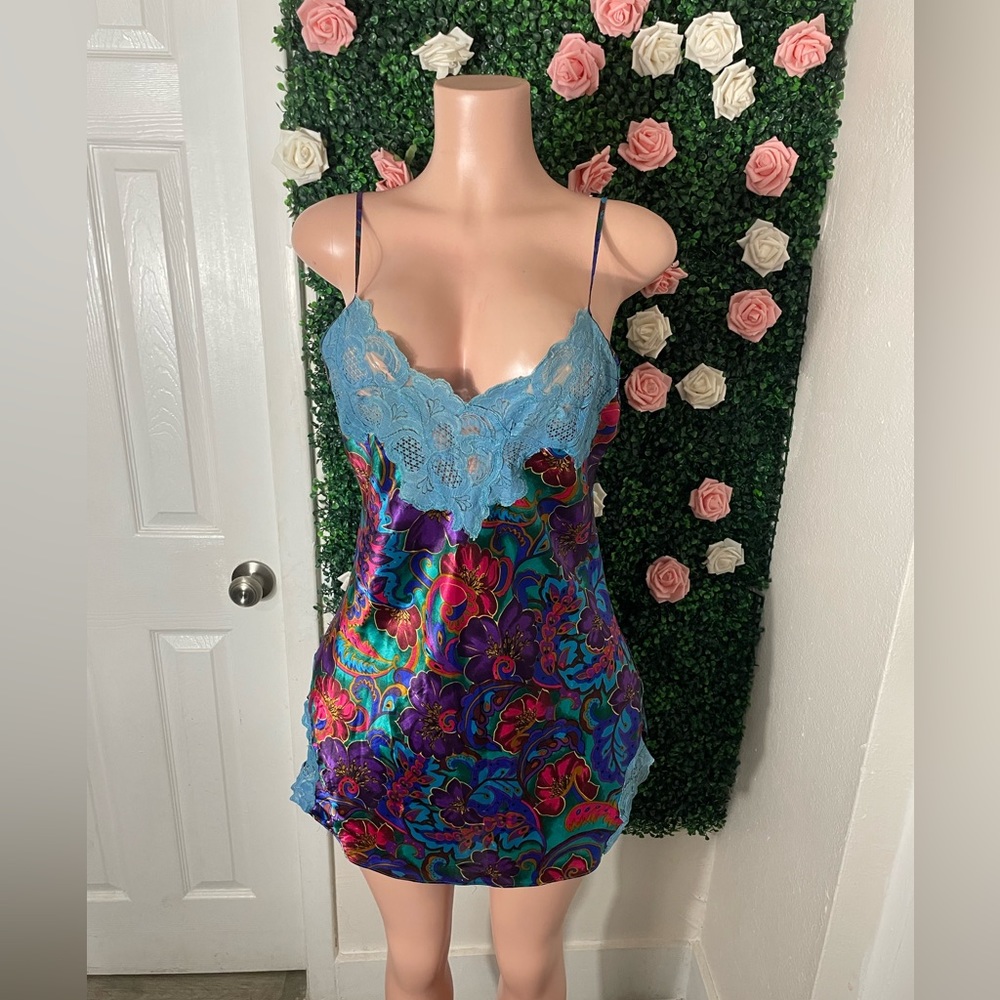 Vintage gold label Victoria secret floral slip on satin dress